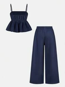 Firerie Kids Firerie Kids 少女纯色荷叶边吊带背心和阔腿裤休闲套装 - 彩色 - 查看 2
