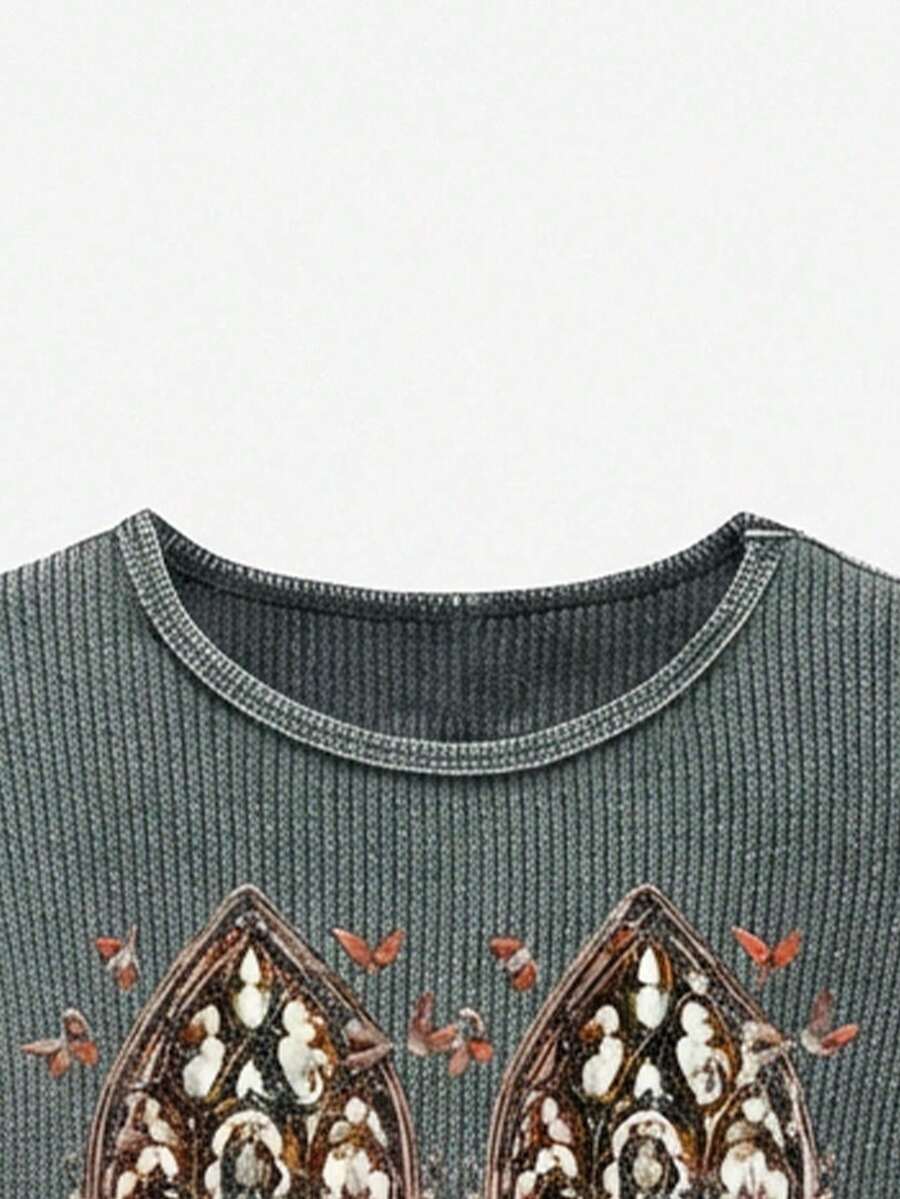 NEON BLANC Men's Crew Neck Ribbed Letter & Butterfly Print Casual Everyday Long Sleeve T-Shirt - Dark Green - View 1