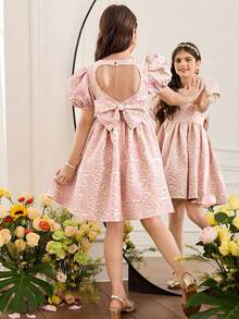 SHEIN 少女优雅圆领泡泡袖露背提花面料中长连衣裙 - 淺粉色 - 查看 5