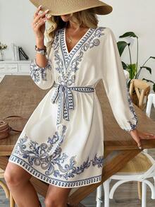 SHEIN Holidaya Women's Spring/Summer New Retro Print Bohemian Elegant Vacation Apricot Paisley Print V-Neck Slim Waist Tie Three-Quarter Sleeve Short Dress - Multicolor - View 3