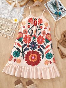 Sparklyn Robe sans manches à imprimé floral blocs de couleurs avec volant à l'ourlet, robe de vacances vintage et vibrante, parfaite pour les sorties d'été et les vacances - Multicolore - Voir 6