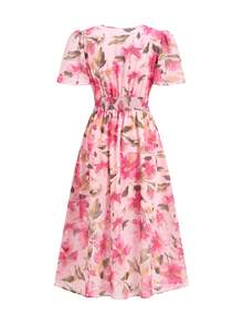 Ellevyn Women's Elegant Floral Print V-Neck Puff Sleeve Ruched Waist Vacation Dress - Baby Pink - View 2