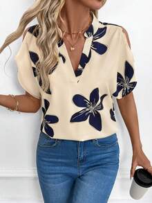 SHEIN Clasi 纯色露肩开衩袖白色衬衫 - 杏色 - 查看 3