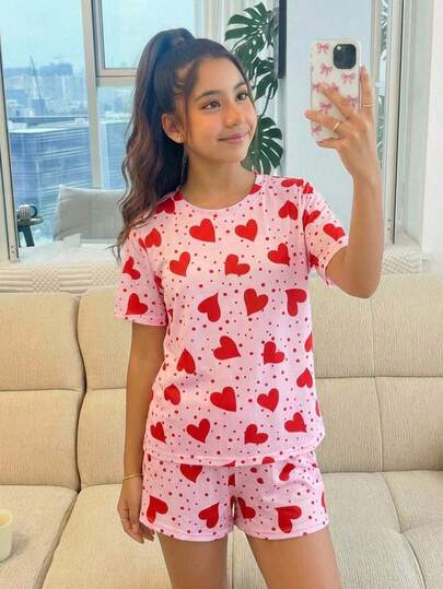 2pcs/Set Tween Girls Cute Minimalist Heart Pattern Round Neck Short Sleeve T-Shirt And Shorts, Loose Casual Pajama Set