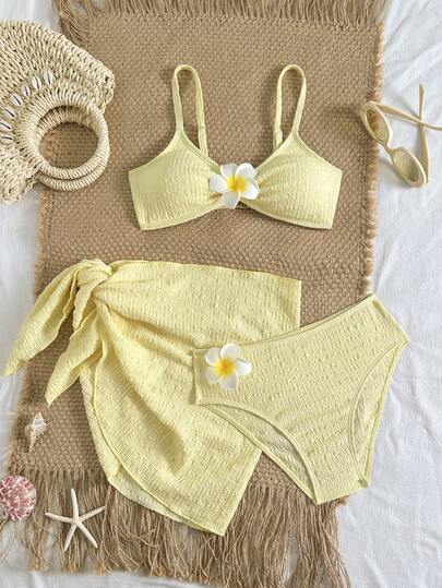 SHEIN Tween Girl Vacation Beach 3D Floral Decor Swimsuit Set