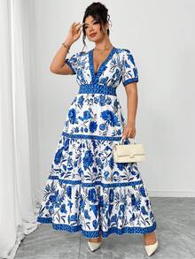 SHEIN Elenzya Đầm maxi dáng chữ A tay phồng ngắn, xếp ly, in hoa, cỡ lớn, thanh lịch cho các buổi đi chơi, hẹn hò, tiệc tùng, trà chiều, kỳ nghỉ. - Nhiều màu - Xem 6