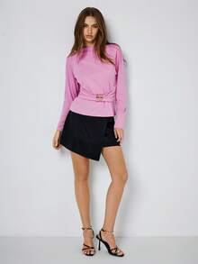 Maija Fitted Crew Neck Long Sleeve Light Pink Women Knit Top, Suitable For Early Spring Transition, Fitted & Slimming Women T-Shirt, Pink Top , Summer Holiday Outfits, Summer Tops , Spring Break Outfits , Bat Sleeve Design - Baby Pink - View 7