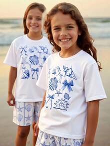 SHEIN 春夏少女休闲时尚创意个性清新优雅简约海星贝壳海螺蝴蝶结波浪线图案印花休闲基础款短袖T恤和短裤套装，舒适日常穿着，温暖夏日风格，适合春夏少女。 - 彩色 - 查看 4