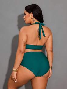 Shapewave Plus Size Women Solid Color Beach Swimwear Set - Army Green - View 2