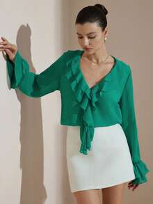 Revavyn Blusa romântica verde com mangas flare e babados, estilo retrô, fresca e vibrante, com design de mangas flare e babados. - Verde - Ver 1