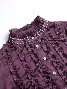 Modelyn Elegant Solid Color Ruffle Collar Long Sleeve Fitted Plus Size Blouse, Suitable For Spring And Autumn Elegant Blouse For Women - Purple - View 6