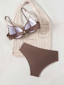 Swim Chiccia Women Solid Color Spaghetti Strap Pearl Decor Adjustable Back Underwire Supportive Ruched Front Triangle Two Pieces Swimwear - Coffee Brown - View 4