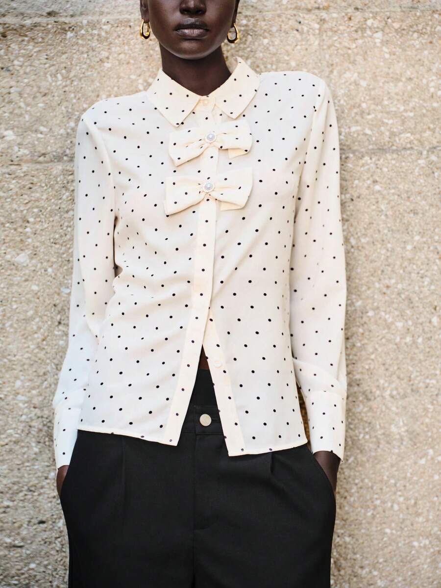 Lumivelle Áo sơ mi nữ thanh lịch in chấm bi với điểm nhấn nơ. - Nhiều màu - Xem 1