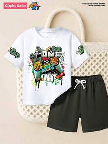 SHEIN GraphicGems 6件套幼儿男童休闲卡通印花圆领短袖T恤和纯色时尚短裤运动套装，适合春、夏、秋季户外活动，随机发货2套 - 墨綠色 - 查看 8
