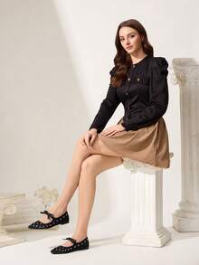 CUCCOO CHICEST 女士平底鞋，春夏新款，饰有蝴蝶结和铆钉，方头设计，优雅的玛丽珍芭蕾平底鞋，杏色仿丝绸材质。舒适百搭，实用性强，适合下午茶、约会、工作、上学等各种场合。 - 靜夜黑色 - 查看 3