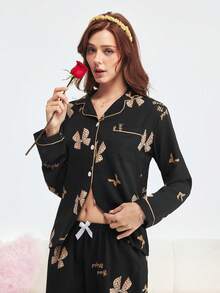 2 件女士蝴蝶印花睡衣套装，长袖纽扣领上衣和长裤，休闲睡衣家居服，适合秋冬，秋季服装 - 黑色 - 查看 6