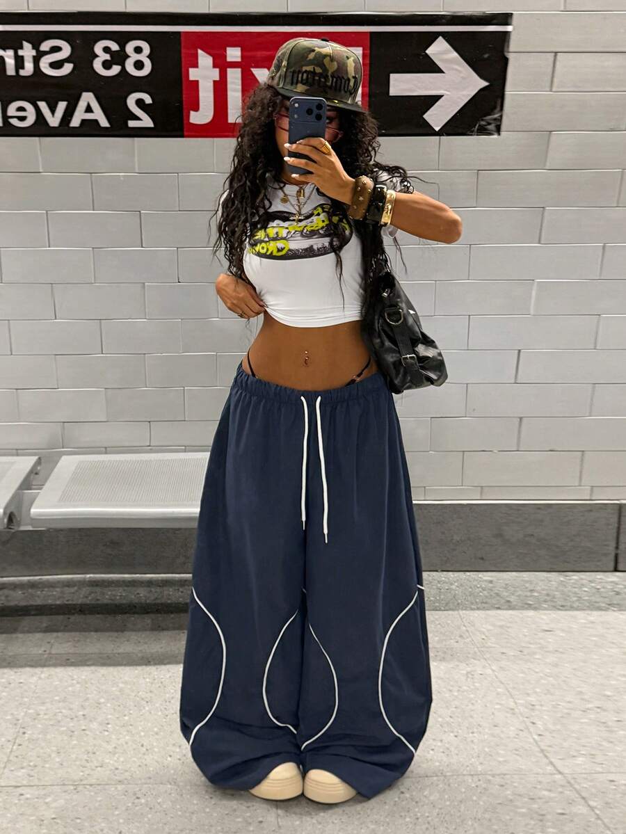 StreetHx 女士休闲宽松条纹运动裤 - 藏蓝色 - 查看 1