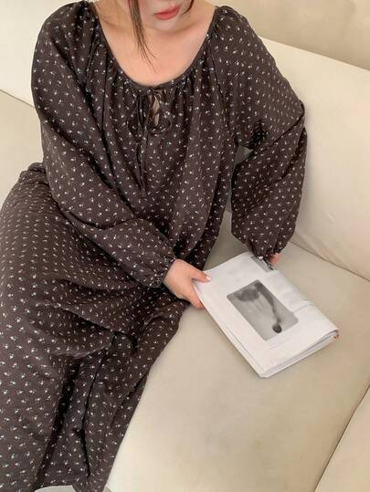 Dazy Plus Ditsy Floral Drawstring Lantern Sleeve Loose Fit Long Nightgown, Spring/Summer Home Wear