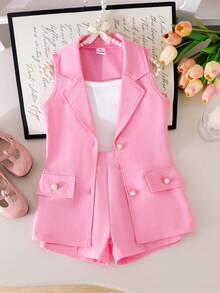3件套女童（小号）粉色珍珠纽扣无袖针织开衫、吊带背心和短裤套装，儿童夏季时尚通勤优雅套装 - 粉色 - 查看 7