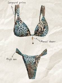 Elavelle 女士性感豹纹斑马纹比基尼泳衣套装，夏季海滩 - 彩色 - 查看 1