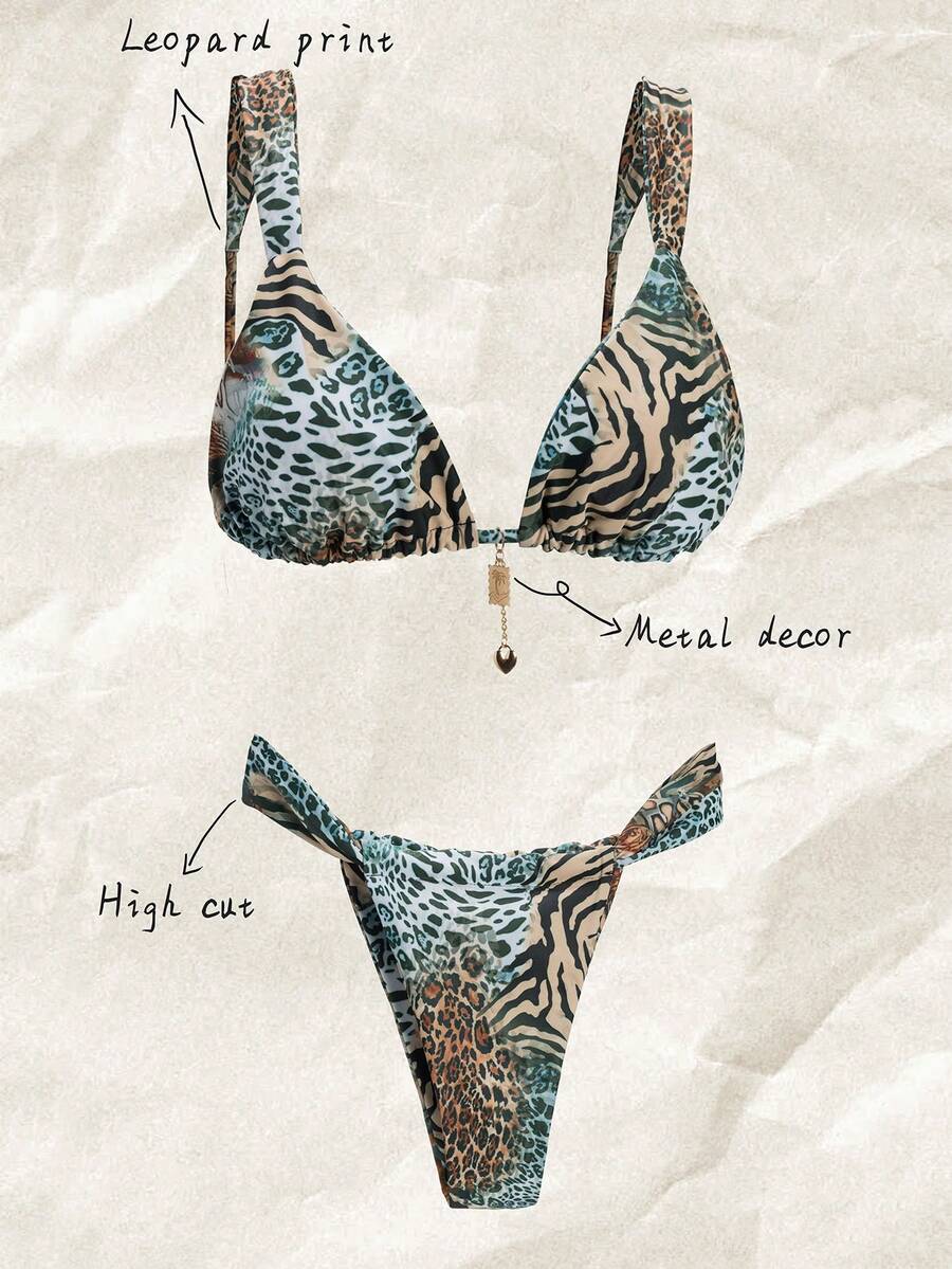 Elavelle 女士性感豹纹斑马纹比基尼泳衣套装，夏季海滩 - 彩色 - 查看 1