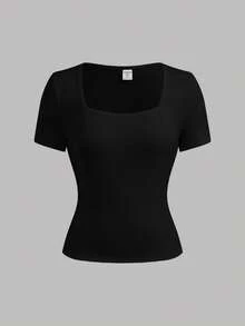 SHEIN Girlism 3件套少女休闲U领修身短袖露脐T恤，黑白条纹，适合夏季穿着 - 黑與白 - 查看 10