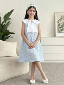 Firerie Kids Tween Girls Cute & Elegant Crew Neck Rhinestone Embellished Bowknot Sleeveless Mini A-Line Dress, Suitable For Daily Gatherings, Parties, Commuting - Blue - View 5