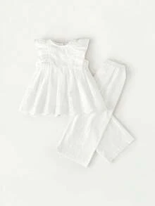 Maija Kids Maija Kids 2pcs/Set Young Girl Floral Trim Round Neck Cap Sleeve Top And Elastic Waist Pants - White - View 5