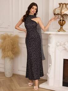 Modelyn Women's Polka Dot Print Asymmetric Neckline Sleeveless Dress - Black - View 5