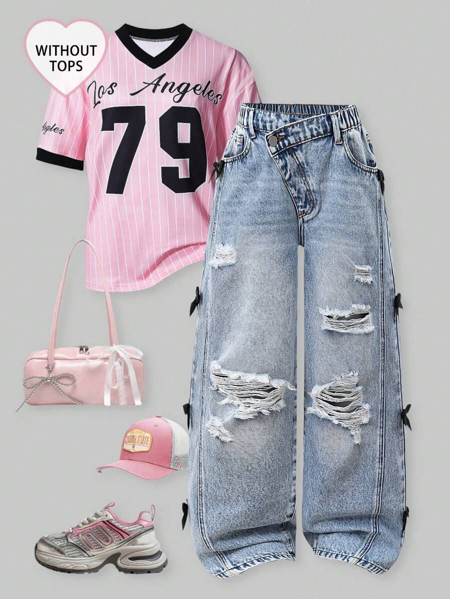 SHEIN Quần jeans ống loe rách rưới phong cách vintage dành cho bé gái tuổi teen, có đường xẻ tà phía trước và nơ 3D, kiểu dáng casual đa năng, phù hợp cho mọi mùa. - Rửa trung bình - Xem 1