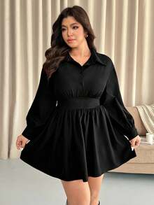 Vionelle 大码纯色收腰长袖梭织衬衫领连衣裙，秋冬黑色优雅连衣裙长袖领连衣裙大码黑色连衣裙领连衣裙女式大码连衣裙大码连衣裙大码黑色优雅连衣裙长袖黑色连衣裙女式黑色连衣裙黑色迷你连衣裙女式黑色连衣裙 - 黑色 - 查看 6