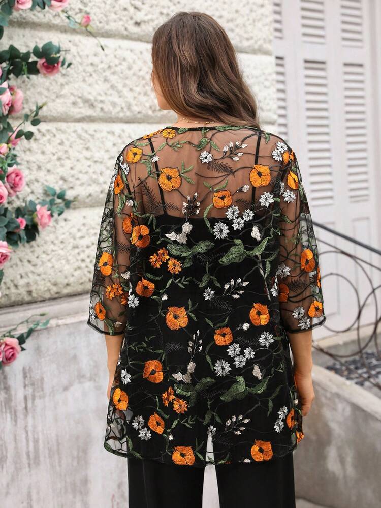 Plus Size Floral Embroidery Sheer Casual Versatile Jacket For Summer/ Vacation Summer Kimono Black Kimono Summer Outfits Curve Kimono