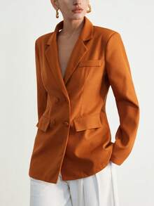 Aveloria Modichic Vintage French European Style Double-Breasted Lapel Collar Blazer - Coral Orange - View 2