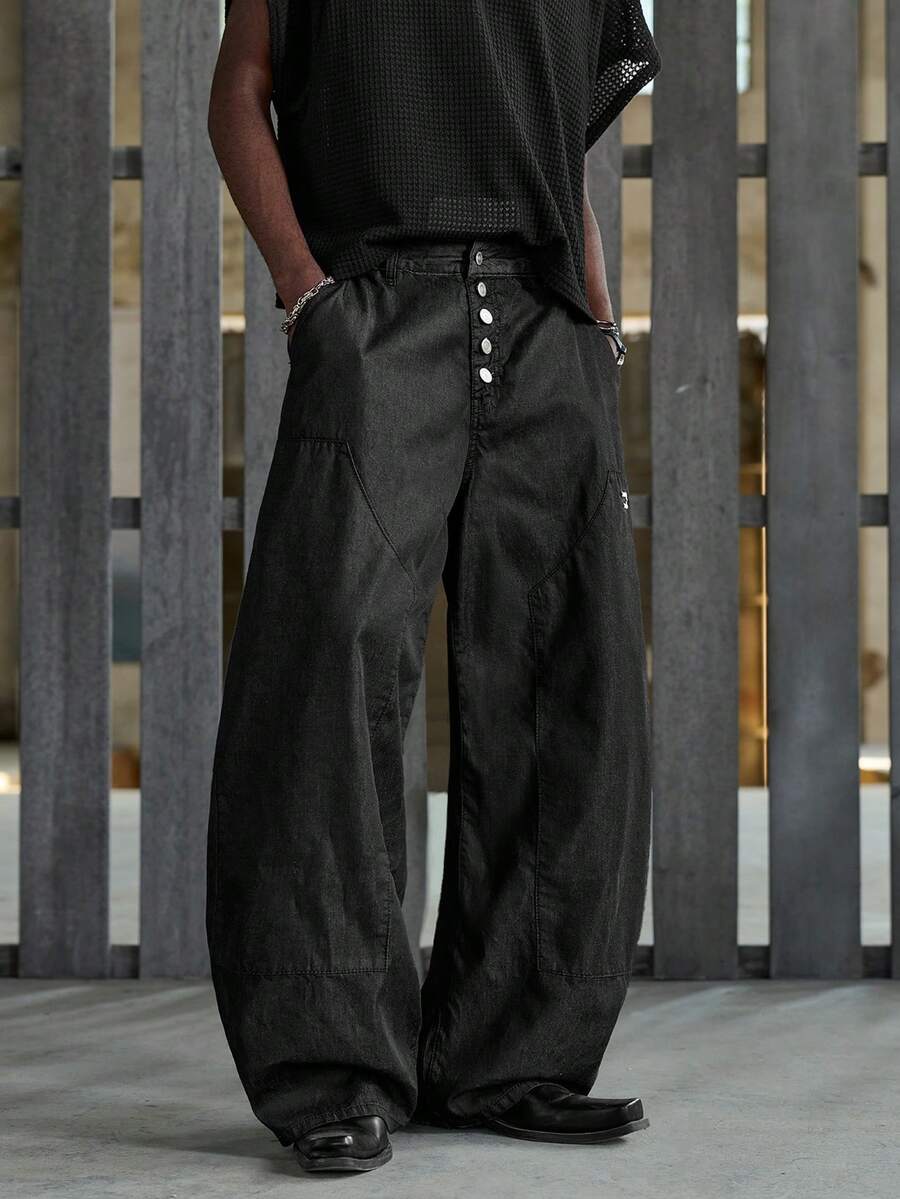 NEON BLANC Men's Casual Fashion Street Daily Commute Button Fly Slant Pocket Loose Flared Leg Jeans - Black - View 1