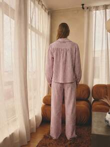 Aralina Sleepwear 2pcs Striped Collared Ruffle Neck Long Sleeve Balloon Sleeve Button Down Shirt And Wide Leg Long Pants Matching Set , Cute Cosy Christmas Pajamas - Dusty Pink - View 11