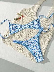 Swim Mod 春夏新款欧美甜美花卉撞色格纹双面两件式泳衣套装，抽绳设计，挂脖三点式高腰比基尼泳裤，白色底色搭配蓝色碎花图案，撞色滚边，胸部支撑设计，性感比基尼泳装，适合海滩、泳池、生日派对等场合，图案比基尼，度假比基尼，星形比基尼，日光浴比基尼。 - 彩色 - 查看 3