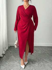 Elenzga Elegantes Wickelkleid in Große Größen für Damen mit V-Ausschnitt, Langarm und Schlitz in Unifarbe mit Raffung - Bordeaux - Übersicht 8