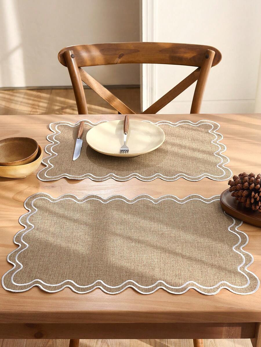 1/2/4/6Pcs Bohemian Embroidery Placemat Khaki Wave Lace Rectangle Table Mat Home Kitchen Decoration Water Cup Bowl Plate Non-Slip Mat Suitable For Dining Room Living Room Table Decoration Festive Party Birthday Party Wedding Dinner Desk Coffee Table Mat Home Decoration Room Decoration Universal In All Seasons (Multiple Color Options) - Khaki - View 1