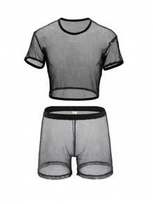 WENEZON 男士内衣套装，透明银色网纱套装，性感JK装扮，角斗士风格 - 黑色 - 查看 4