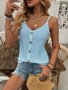 EMERY ROSE Women's Light Blue Chic Knitted Semi-Sheer Eyelet Embroidery Cami Top V Neck Regular Length,Summer Boho Casual Vacation Holiday Tank Top For Concert - Blue - View 5