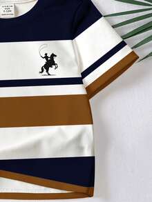 Boys' Casual Classic Striped Western Cowboy Riding Silhouette Graphic Print Loose Fit Short Sleeve T-Shirt, Suitable For Summer - White - View 4