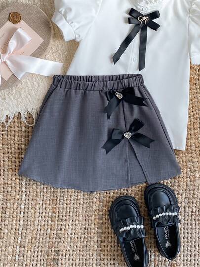 PrepCrw 1pc Young Girls' Elegant Refined Woven Black Bow Decor Mini Skirt, Suitable For Outings, Gatherings, Festivals, Spring, Summer