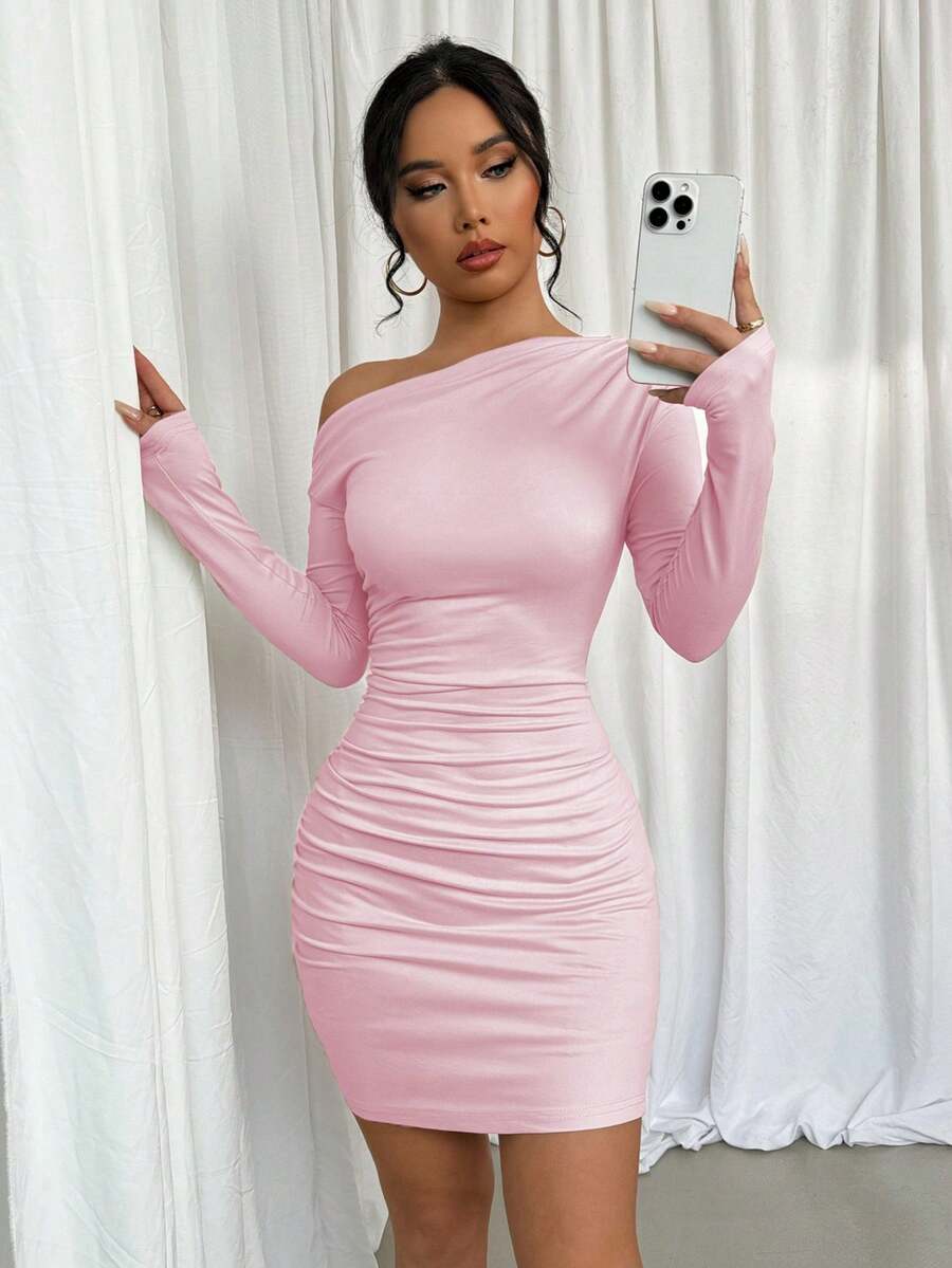Glyssa Women's Solid Color Asymmetric Ruched Long Sleeve Dress - Pink - View 1