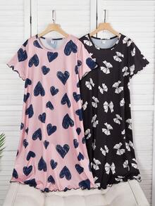 2件套少女简约优雅睫毛印花圆领短袖睡衣休闲家居服套装 - 彩色 - 查看 6