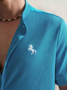 Airaco Casual Men's Loose Fit Single-Breasted T-Shirt With Horse Embroidery - Blue - View 7