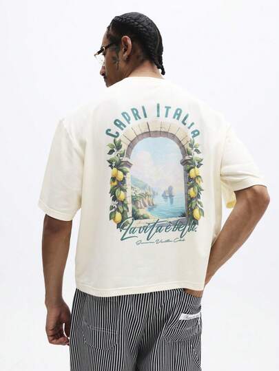 SUMWON Italian Capri Coastal Scenic Print Regular Fit Short Sleeve Cotton T-Shirt With Travel Architecture Design Summer Vacation Tee