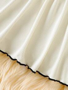 SHEIN 秋季新款女宝宝优雅甜美可爱简约休闲风格蝴蝶结撞色娃娃领白色长袖连衣裙，蝴蝶结袖口和荷叶边下摆 - 杏色 - 查看 5