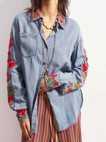 Bohemela Áo sơ mi denim nữ tay dài thêu hoa, cài một hàng cúc, dáng rộng, có túi. - Màu xanh lam - Xem 7