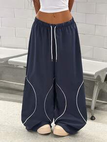 StreetHx Women's Casual Loose Fit Striped Sports Pants - Navy Blue - View 6