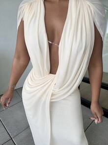 Alexandranx Deep Draped Neck Sleeveless Apricot Mesh Knit Bodycon Dress, Wedding Style,Fall Wedding Guest Dress - Apricot - View 5